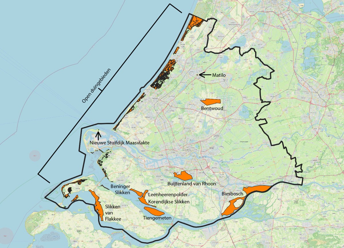Een kaart met daarop belangrijke bijengebieden in Zuid-Holland, waaronder open duingebieden. 