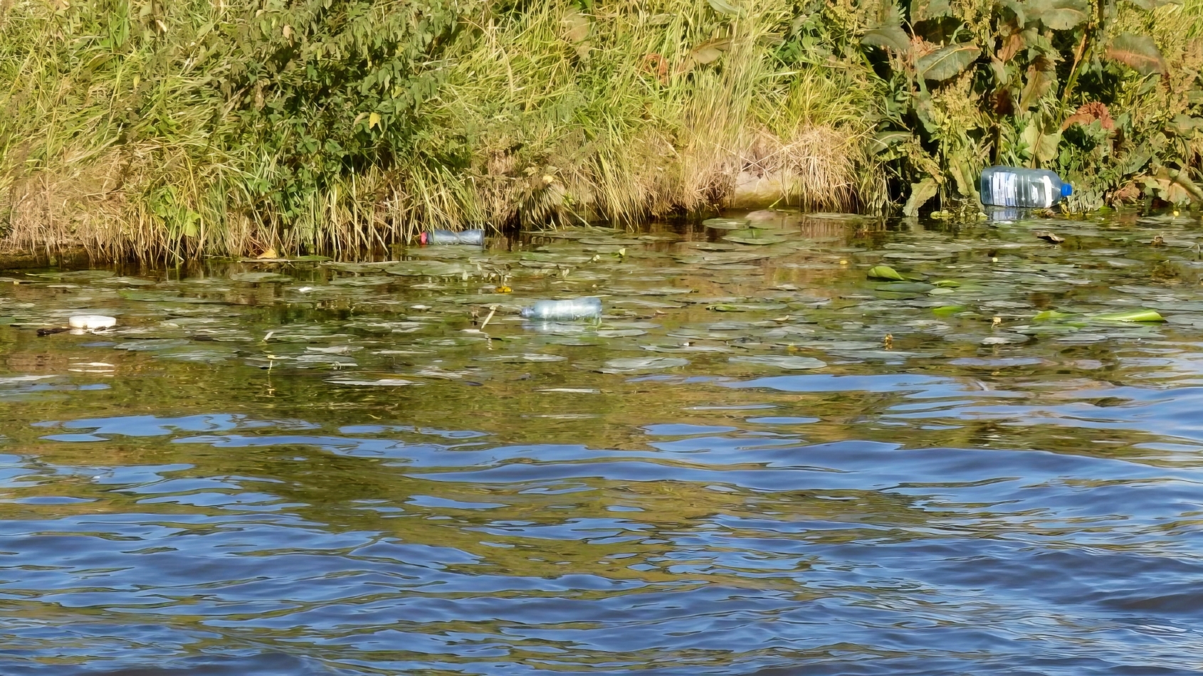 Rivier met plastic flessen erin