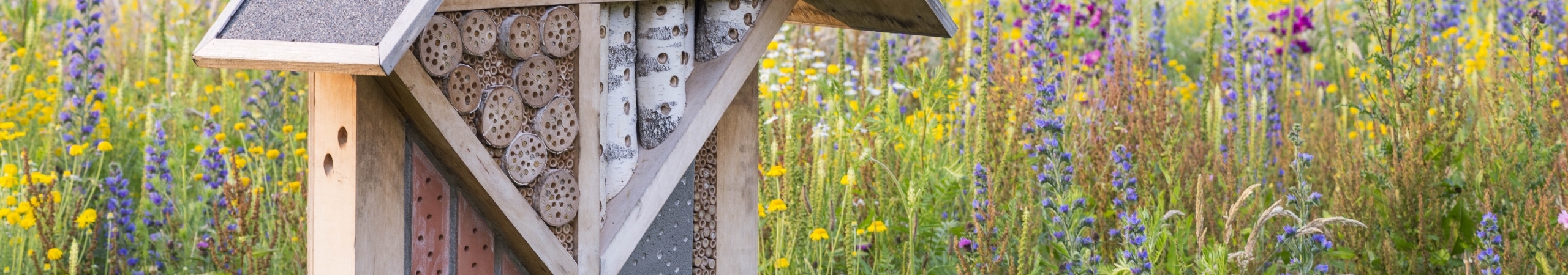 Bijenhotel met schuin dak staat in landschap met veldbloemen