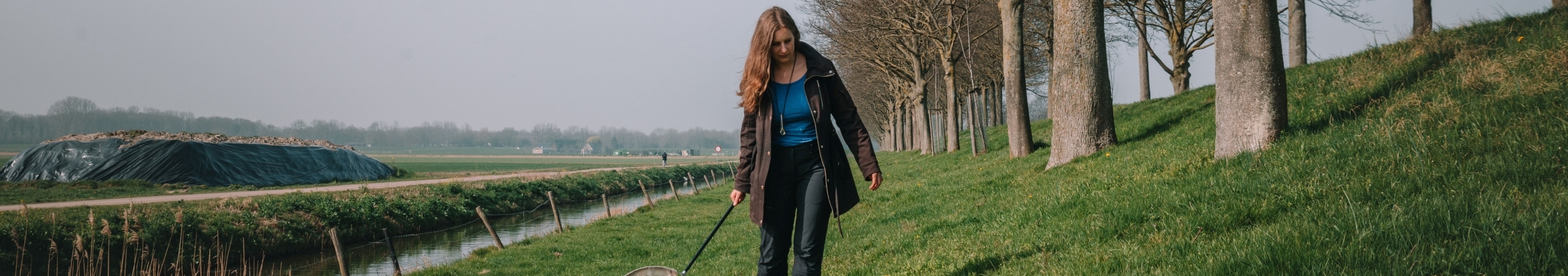 Linde Slikboer loopt met een schepnetje om bijzondere bijen te vangen en te detemineren