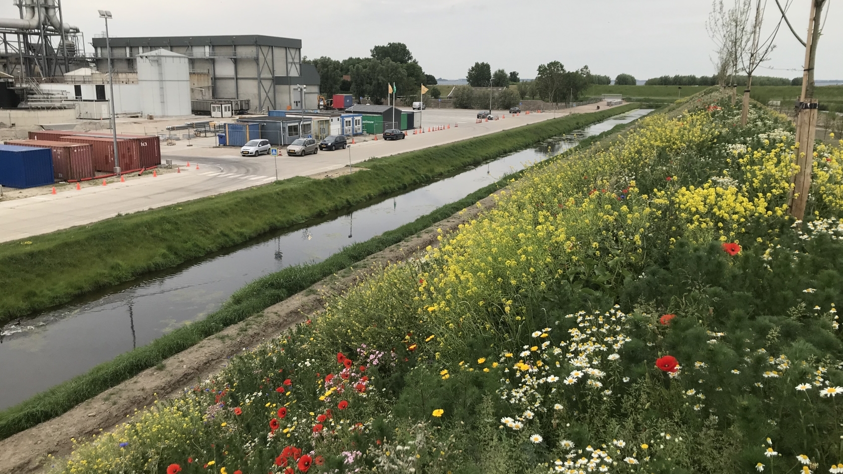 Farm Frites bedrijventerrein met de groene natuurwal ernaast